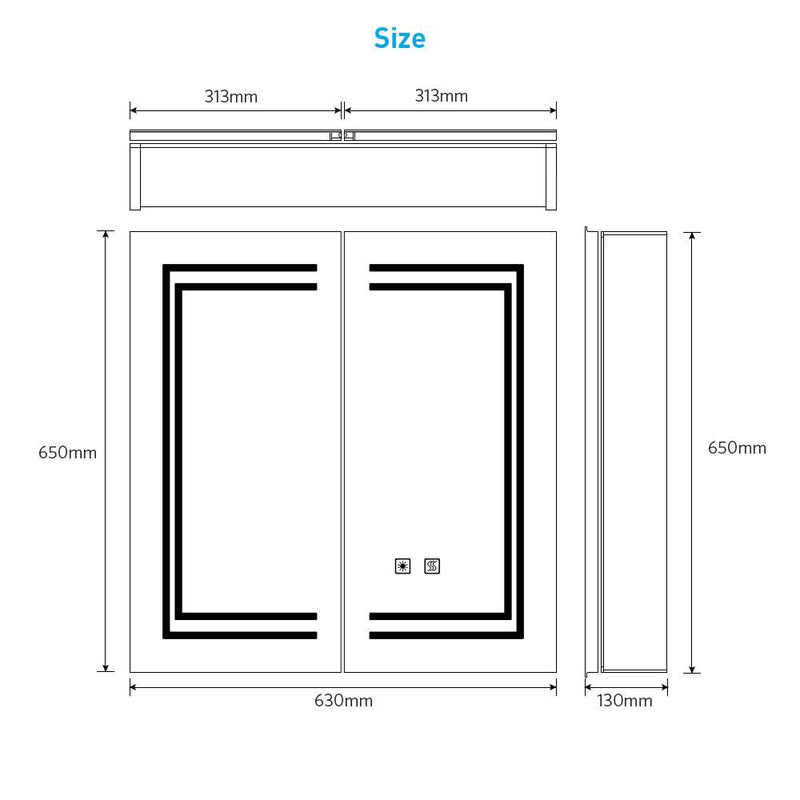 LED Mirror Cabinet with Silver Aluminum Touch-Switch Anti-fog Shaver Socket 2-Doors 63 x 65cm