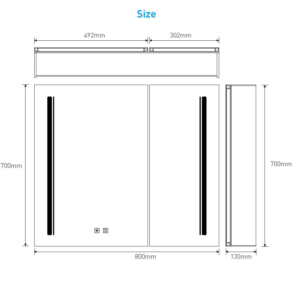 Tokvon® Cascade led illuminated bathroom cabinets with adjustable led color temperature shaver socket demister strip lights 800 x 700mm