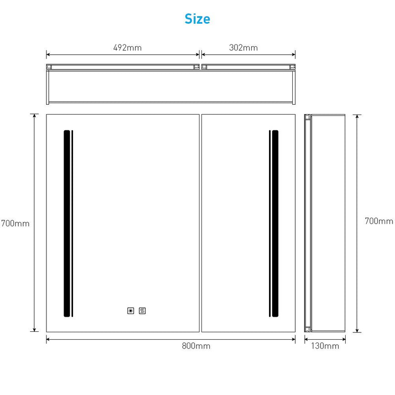 Tokvon® Cascade led illuminated bathroom cabinets with adjustable led color temperature shaver socket demister strip lights 800 x 700mm