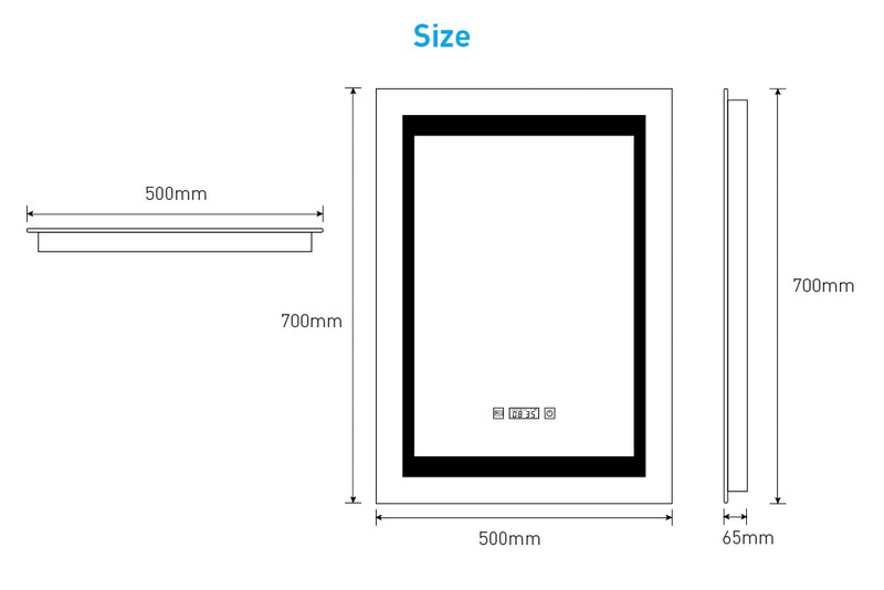 Tokvon Ripple Led Illuminated Aluminum Bathroom Mirror With LCD Digital Clock Shaver Socket 500 x 700mm