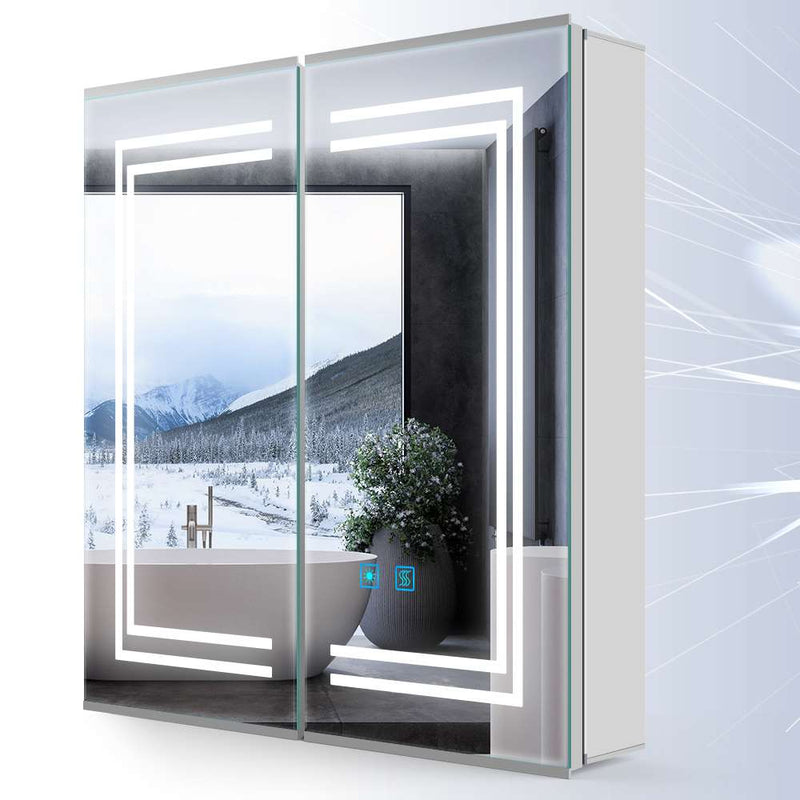 LED Mirror Cabinet with Silver Aluminum Touch-Switch Anti-fog Shaver Socket 2-Doors 63 x 65cm