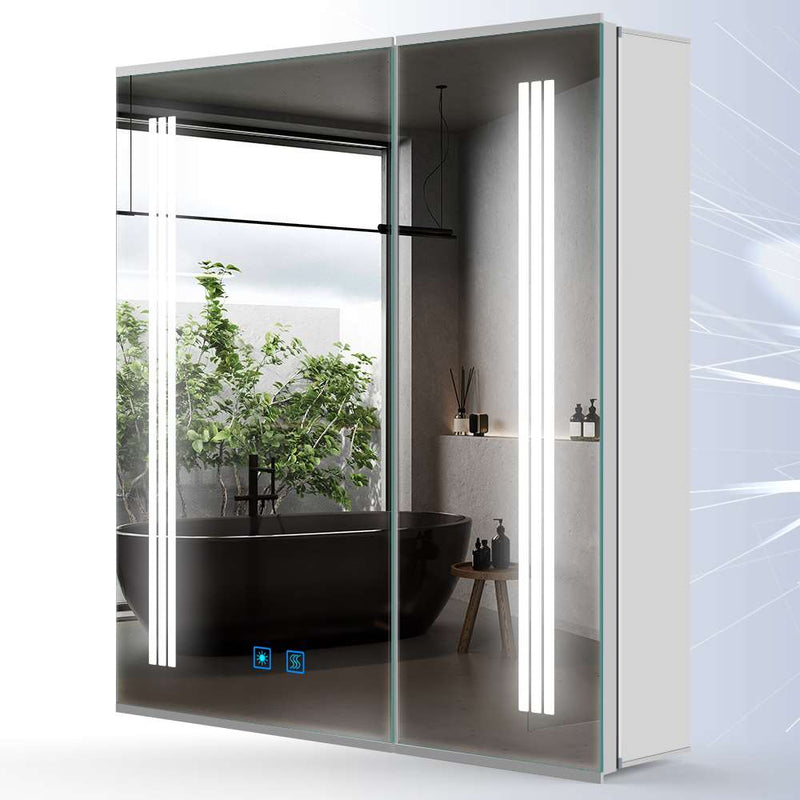 LED Mirror Cabinet with Silver Aluminum Touch-Switch Demister Shaver Socket 2-Doors 60 x 70cm