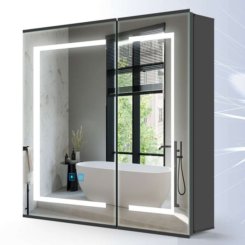 LED Mirror Cabinet with Matt Black Aluminum Touch-Switch Anti-fog Shaver Socket 2-Doors 65 x 60cm