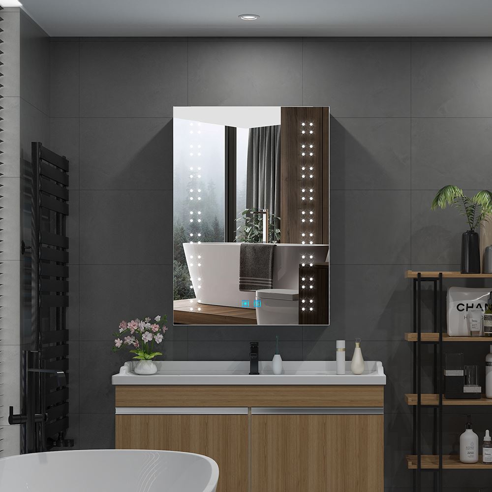 Tokvon® Sparklers led Illuminated bathroom mirror cabinet Matte Black Aluminum design with shaver socket adjustable color temperature 500 x 700mm