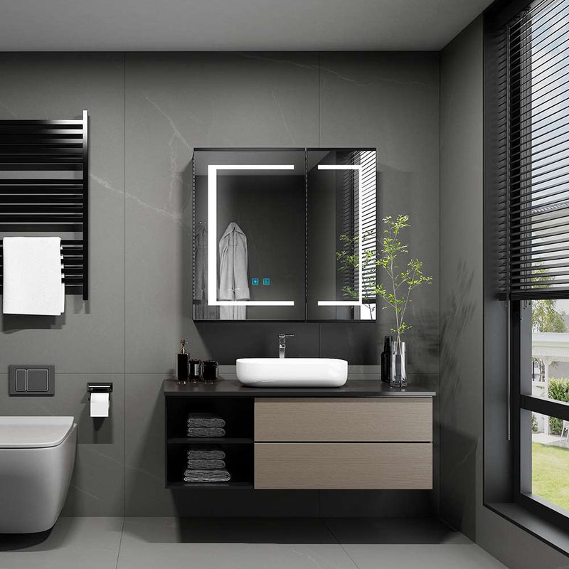 LED Mirror Cabinet with Matt Black Aluminum Touch-Switch Anti-fog Shaver Socket 2-Doors 65 x 60cm