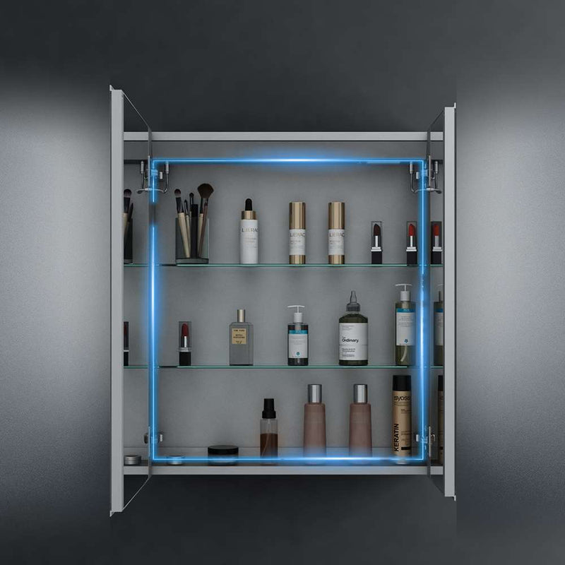 LED Mirror Cabinet with Silver Aluminum Touch-Switch Demister Shaver Socket 2-Doors 60 x 70cm