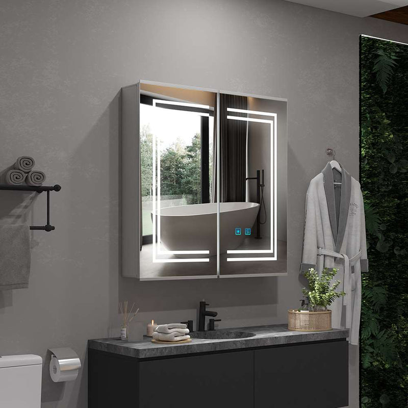 LED Mirror Cabinet with Silver Aluminum Touch-Switch Anti-fog Shaver Socket 2-Doors 63 x 65cm