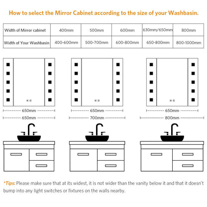 Tokvon Gondola led illuminated bathroom mirror cabinet with led dimmer switch shaver socket demister 650 x 600 mm
