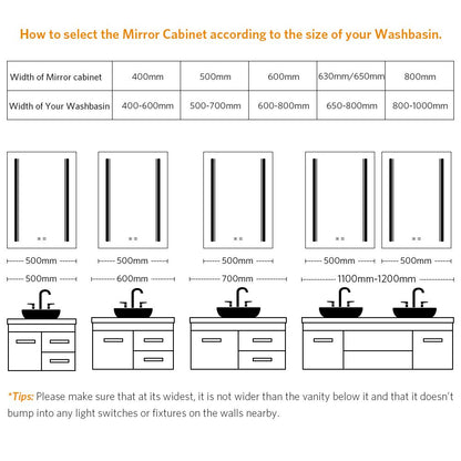 Tokvon® Rivulet led Illuminated Bathroom Mirror Cabinet Matte Black Aluminum with Adjustable Color Temperature 500 x 700mm
