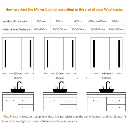Tokvon Led Illuminated Mirror Cabinet With IR Sensor Shaver Socket USB Port 2-Door 630 x 650mm Strip Lights