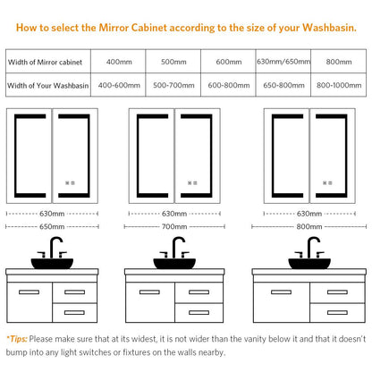 Tokvon Gemini led illuminated bathroom mirror cabinet with led dimmer switch shaver socket demister 630 x 650 mm