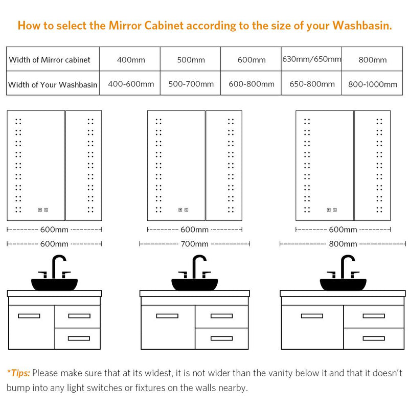Tokvon® Willow led illuminated bathroom cabinets with adjustable led color temperature shaver socket demister strip lights 600x700mm