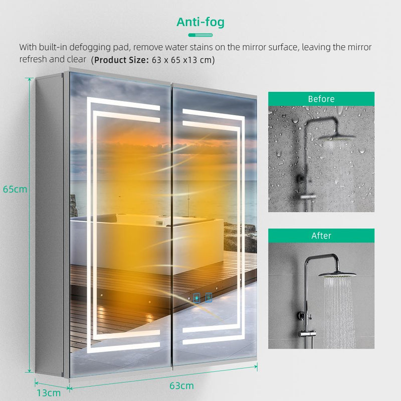 LED Mirror Cabinet with Silver Aluminum Touch-Switch Anti-fog Shaver Socket 2-Doors 63 x 65cm